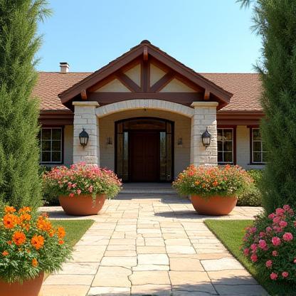 Hofeingang mit Blumen und Empfangsbereich