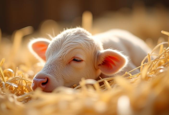 Kälbchen kurz nach Geburt im Stroh