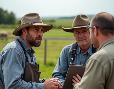 Berater im Gespräch mit Landwirten am Laptop