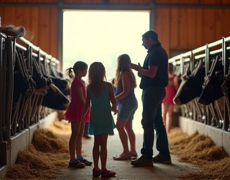 Kindergruppe mit Führer beim Stall