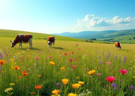 Blühwiese mit Kühen und Wildblumen
