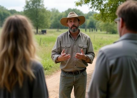 Bauer erklärt Besuchergruppe Umweltmaßnahmen